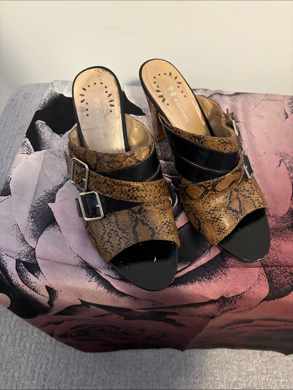 Peep-Toe Snake-Print Slide Sandals with Buckle Detail — Brown/Black